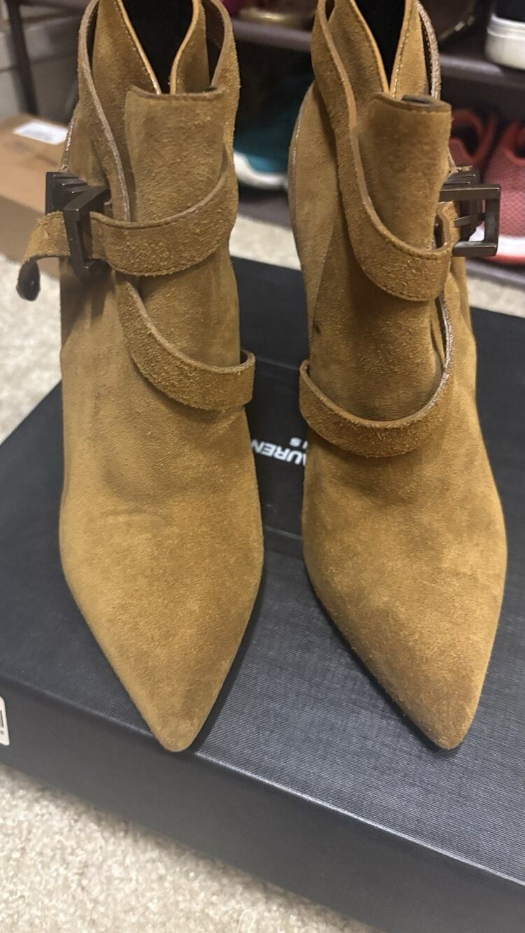 Saint Laurent YSL Suede Mica Western Buckle Stiletto Ankle Booties size 37